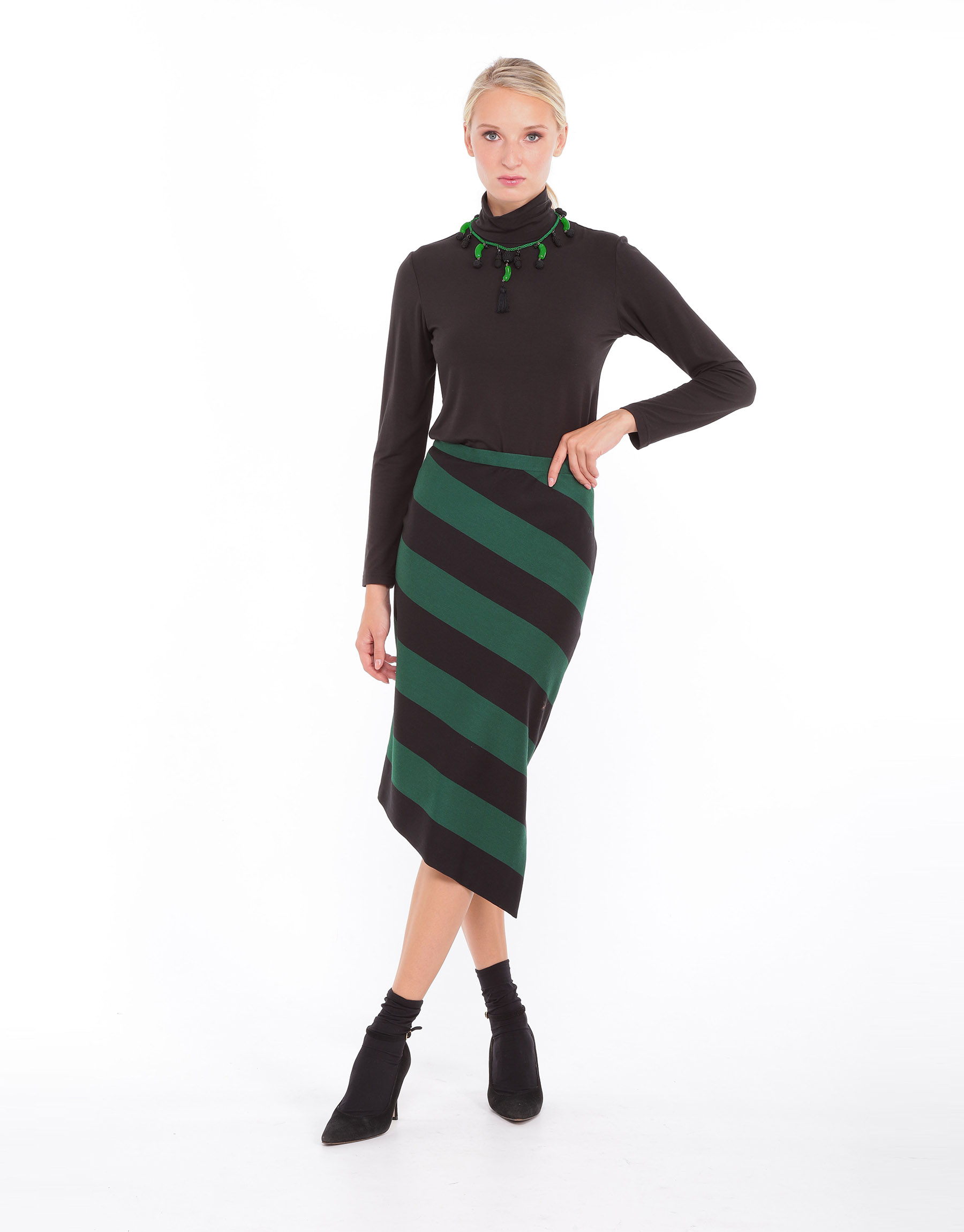 Asymmetrical pencil midi skirt in black and green striped wool 